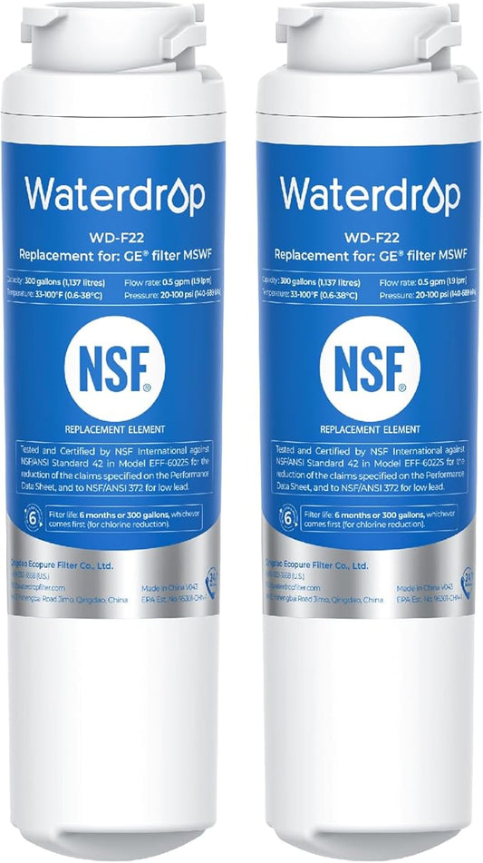 Waterdrop MSWF Refrigerator Water Filter, Replacement for GE® MSWF, 101820A, 101821B, RWF1500A, NSF 42&372 Certified, Pack of 2 (Package May Vary)