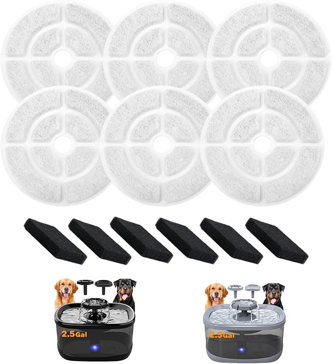 6 Pack Dog Water Filter Replacement for 2.5Gal/9.5L Dog Water Fountain,18CM Larger More Activated Carbon Cat Water Fountain Filter,Pet Fountain Filter Replacement