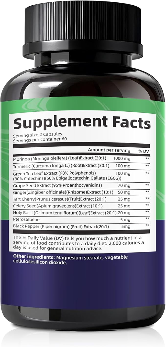 Moringa Turmeric Capsules, Femmetra 10-in-1 Moringa Leaf Complex, Energy, Skin, Immune & Gut Health Superfood, Rich in Antioxidants, Vitamins & Amino Acids with EGCG Grape Ginger Basil Extract, 60 Day