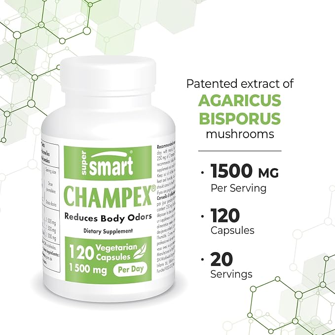 Supersmart - Champex Mushroom (Agaricus Bisporus Extract) 1500 mg per Day - Body Odor & Bad Breath Supplement - Internal Deodorizer | Non-GMO & Gluten Free - 120 Vegetarian Capsules