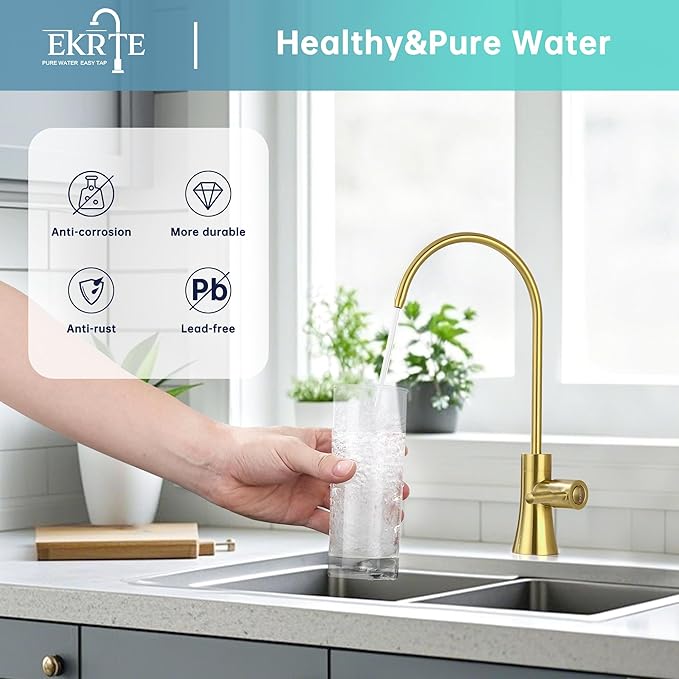 EKRTE Brushed Gold Water Filter Faucet, Water Filtration Faucet Brushed Gold Drinking Water Faucet for Kitchen Sink