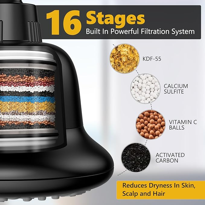 Filtered Shower Head with16 Stage Shower Filter Cartridge High Pressure 7 Spray Settings Shower Head Filter for Hard Water Removes Chlorine and Heavy Metals, Black