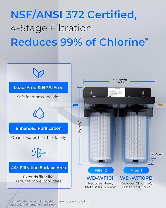 Waterdrop 2 Stage Whole House Water Filter System, with Heavy Metal Sediment Filter, Highly Reduce Mercury, Lead, Iron, Manganese, Chlorine for Well/City Water, WD-WHF21-PBH, 1" Inlet/Outlet
