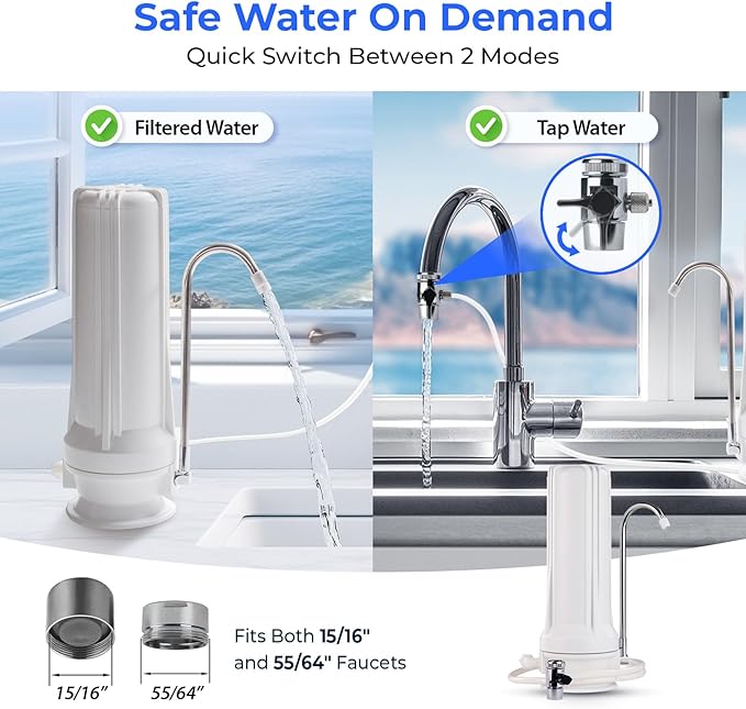 iSpring CT10-W Countertop Water Filter, Multi-Layer Faucet Water Filter System with Versatile Faucet Adapter, Reduces Heavy Metals, Bad Odor, and Chlorine, White