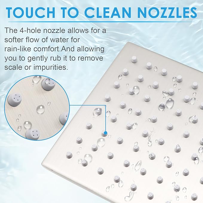 6 Inch Square Shower Head Stainless Steel High Pressure Rain Shower Heads with Extension Arm Adjustable Angle Replacement Shower Head for Modern Bathroom (Square, Brushed Nickel)