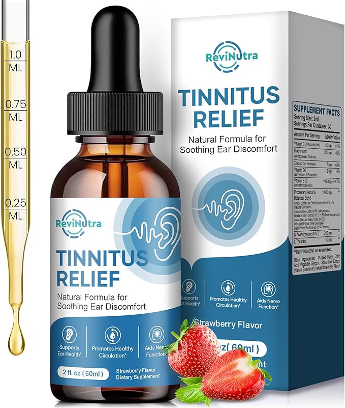 Tinnitus Relief for Ringing Ears, Ear Tinnitus Relief Drops, Herbal Ringing Relief with Ginkgo Biloba, Vitamin C, B12 for Ear Clicking Buzzing, Improving Hearing for Men and Women, Strawberry 2 Fl Oz