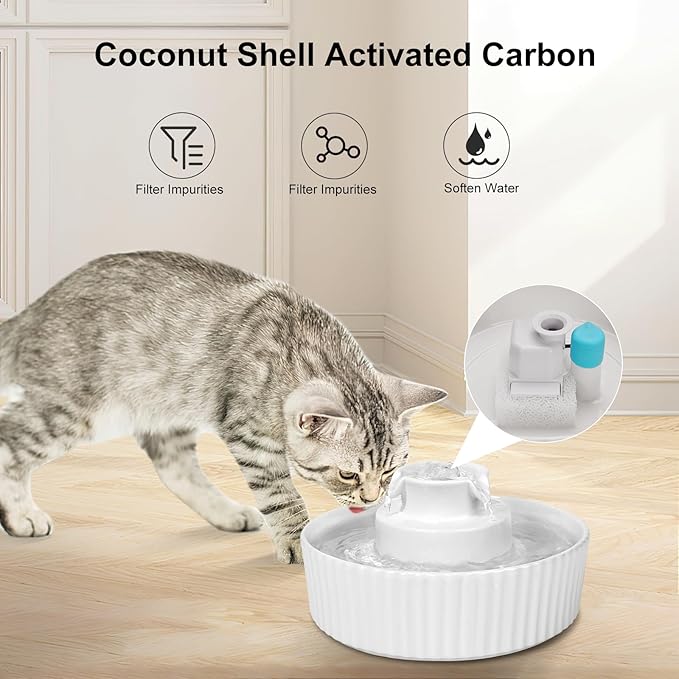 2.1L Ceramic Cat Water Fountain-for Cats and Dogs, 360 Ceramic Pet Fountain-70 Oz Large Water Capacity - Whisper-Quiet Water Flow-Great for Shy or Timid Pets - Fresh, Filtered Water(White)