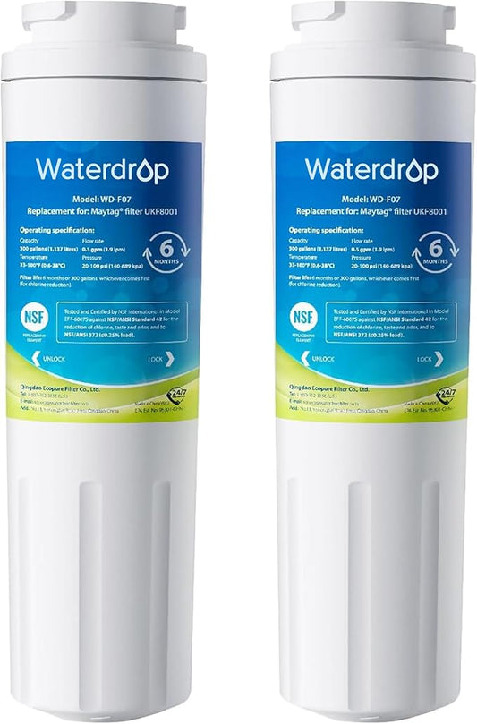 Waterdrop EDR4RXD1 Replacement for EveryDrop® Filter 4, Whirlpool® UKF8001, 4396395, Maytag® UKF8001AXX-200, UKF8001AXX-750, WD-F07, Refrigerator Water Filter, 2 Filters (Package May Vary)