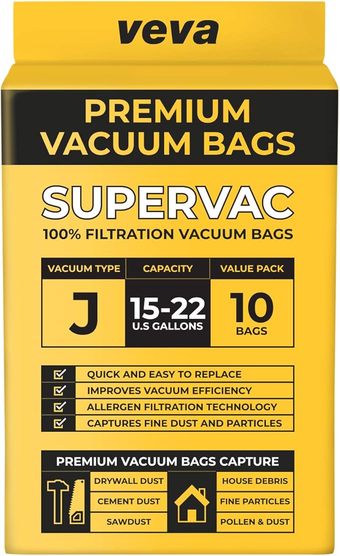 10 Pack, 15-22 Gallon Filter Bags for Shop Vac Vacuum - Type J 90673 - High-Efficiency Vacuum Bags