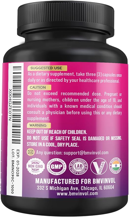BMVINVOL Inositol Supplement - Myo-Inositol and D-Chiro Inositol Ideal 40:1 Ratio - Plus Berberine, Cinnamon, Ashwagandha + 5 More - 90 Capsules