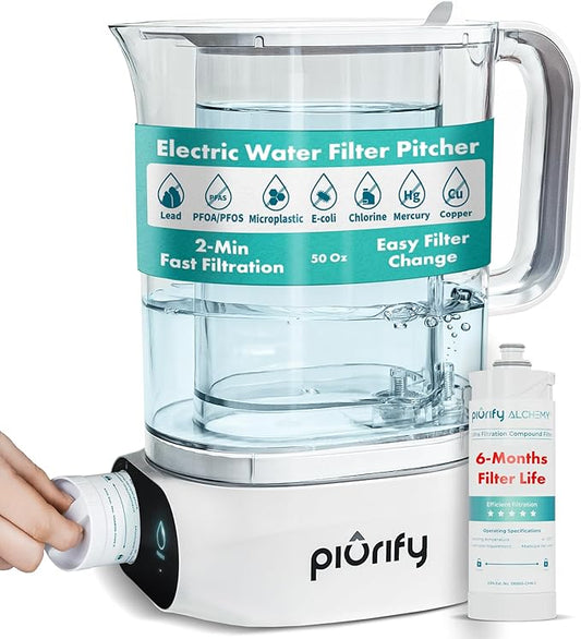 Countertop Electric Water Filter Pitcher with 6-Month UltraFiltration - Fast 2-Min Filtration, Removes 99% Lead, PFAS, Mercury & Chlorine - BPA Free, 50oz Capacity