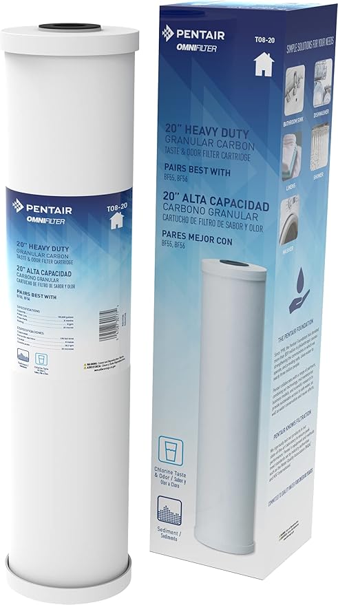 Pentair OMNIFilter TO8-20 Carbon Water Filter, 20" Heavy Duty Big Blue Whole House Granular Carbon Taste & Odor Replacement Filter Cartridge, 20" x 4.5", 25 Micron