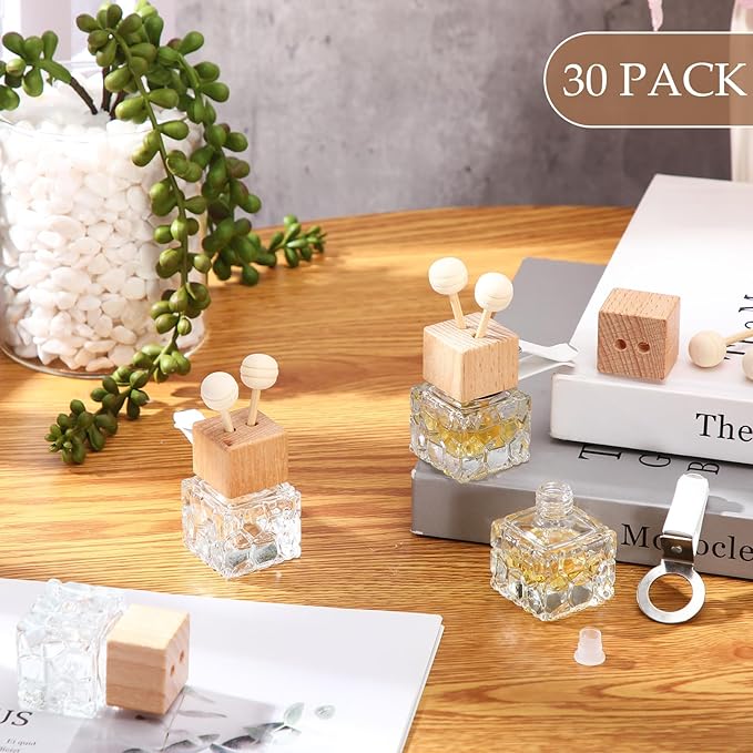 Zubebe 30 Pack Car Air Freshener Diffuser with Vent Clip Empty Car Diffuser Bottles for Essential Oil Perfume Glass Bottle with Wooden Caps Stick(Classic)