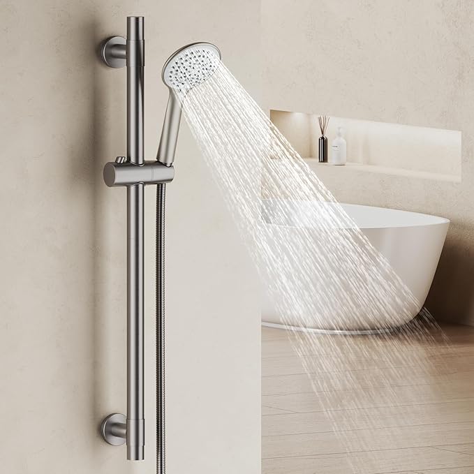 Shower Slide Bar Handheld Shower Head with Hose, 5-Function Hand Shower with Wall Mount，shower slide bar,adjustable height shower head (A-round, Brushed Nickel)