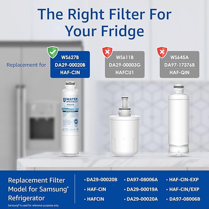 Waterspecialist DA29-00020B Replacement for Samsung Water Filter DA29-00020B, HAF-CIN/EXP, DA29-00020B-1, HDX FMS-2, RS25J500DSR, RF28HMEDBSR, RF263BEAESR, RF4287HARS, DA97-08006A-1, 2 Filters