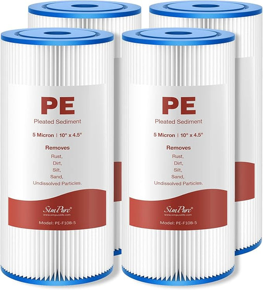SimPure 10"x4.5" Pleated Sediment Water Filter, 5 Micron Whole House Water Filter Cartridge for Well Water Compatible with FXHSC, ECP20-BB, R50-BBSA, CB1-SED10-BB (4 Pack)