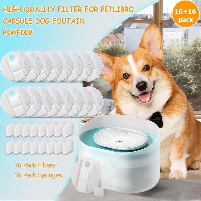 16 Pack Dog Water Fountain Replacement Filters for Petlibro Capsule Dog Fountain PLWF008,Pet libro filters with Replacement Pre-Filter Pump Sponges.