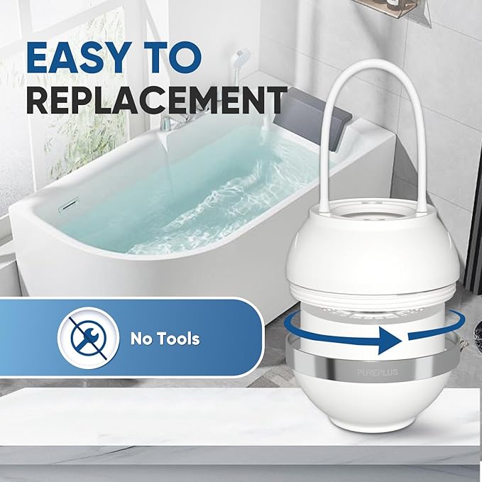 PUREPLUS Bathtub Bath Water Filter for Tub with 1 Extra Replacement Filter,8 Stages Kinder Filter,2500 Gallons Filtration,Remove Contaminants,Softer Skin & Hair,Reduce Chlorine & Heavy Metals,BPA Free