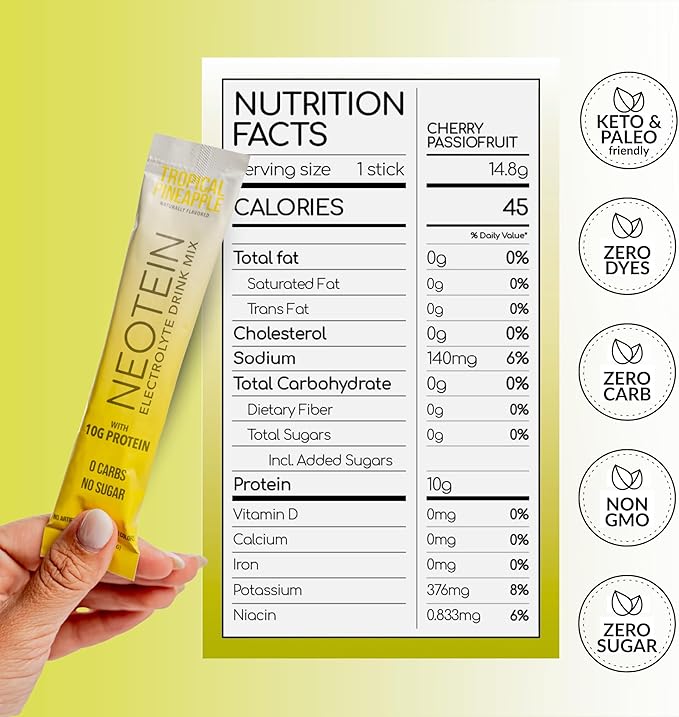 Electrolyte Powder Packets with 10g Protein & Collagen - Hydration Packets - Zero Sugar, NO Fillers, NO Carbs | Tropical Pineapple | 40 Calories | Keto & Paleo | Pack of 15