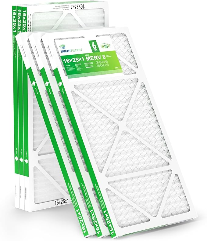 16x25x1 Air Filter 6 Pack, Durable MERV 8 Pleated Home HVAC AC Furnace Filters, Lightweight Compact Air Conditioner Filter Replacement