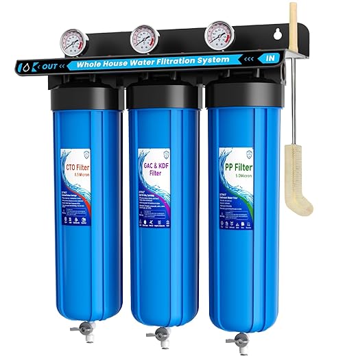 Whole House Water Filter System, 3-Stage Whole House Water Filtration System, with 20"x4.5" PP/GAC&KDF/CTO Filter, Reduces Chromium, Chloramine, Lead, Mercury, Copper, Nickel, Sediment, Odor, 1" FNPT