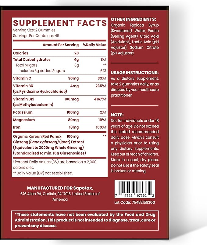 Korean Red Panax Ginseng Supplement Gummies - 180 Count