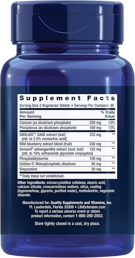 Life Extension Cognitex® Elite, sage, Blueberry, ashwagandha, phosphatidylserine, vinpocetine, Attention, Focus, Mood & Memory, Gluten-Free, Non-GMO, Vegetarian, 60 Tablets
