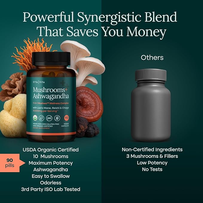 USDA Organic Lions Mane Supplement Capsules with Ashwagandha, Chaga, Reishi, Cordyceps, Turkey Tail (18,600mg/serv) 10x Adaptogenic Mushroom Complex as Focus Supplement - Energy, Immunity & Nootropic