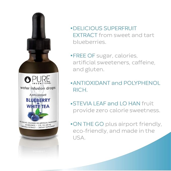 Pure Inventions - Blueberry & White Tea Water Infusion Drops - Antioxidants & Electrolytes - Health & Wellness Drink - Immunity Support -Sugar Free, Zero Calorie, No Artificial Sweeteners -60 Servings
