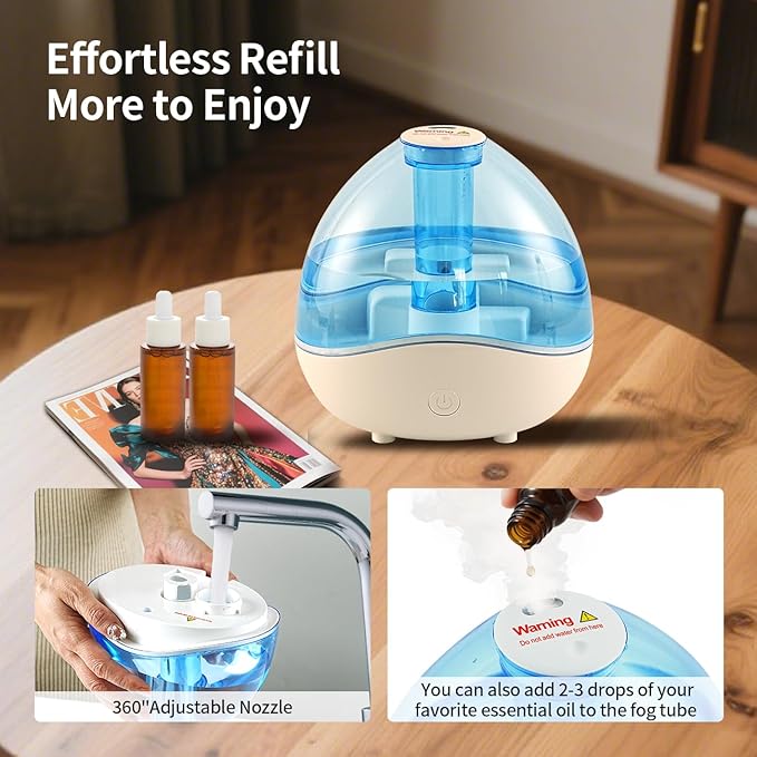 Cool Mist Humidifiers for Bedroom & Large Room (1.5L Water Tank) Quiet Ultrasonic Air Humidifier For Babies Nursery, Office, Indoor Plants & Whole House -Adjustable 360 Rotation Nozzle, Auto-Shut Off