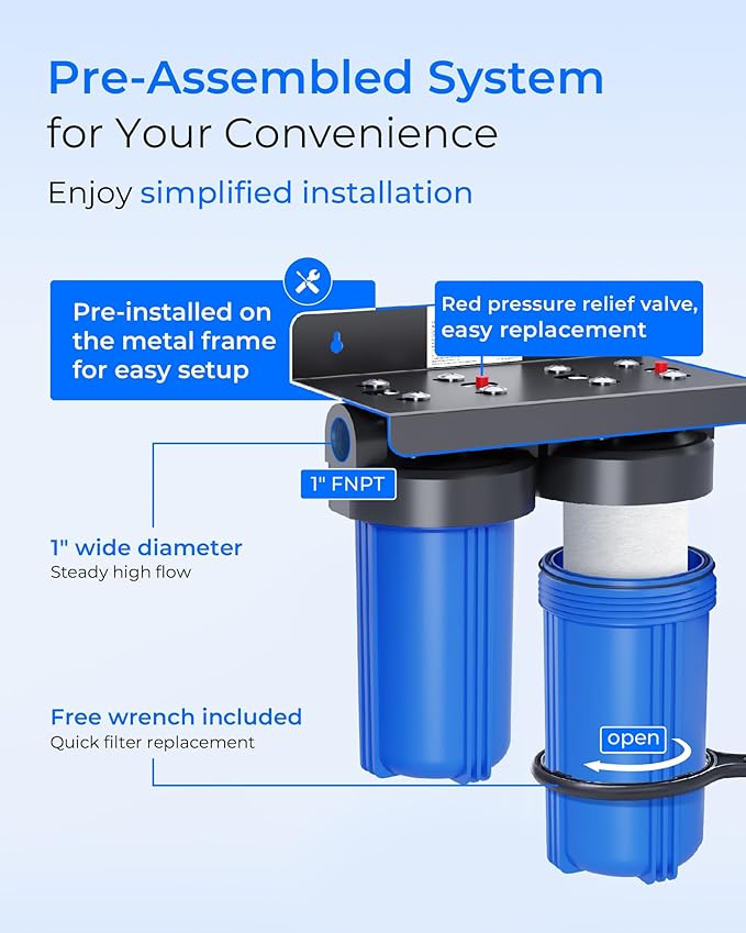 Waterdrop 2 Stage Whole House Water Filter System, with Heavy Metal and Anti-Scale Sediment Filter, Highly Reduce Iron, Scale, Lead, Chlorine, Taste, 5-Stage Filtration, WD-WHF21-SH, 1" Inlet/Outlet