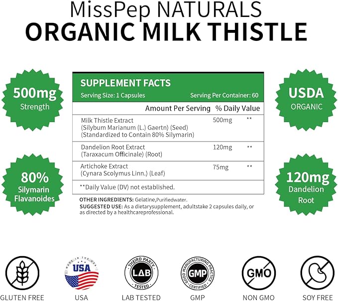 Milk Thistle,500 Mg Milk Thistle Supplement Per Capsule,Liver Health Support,Vegan and Non-GMO, 60 Capsules(1 Bottle)