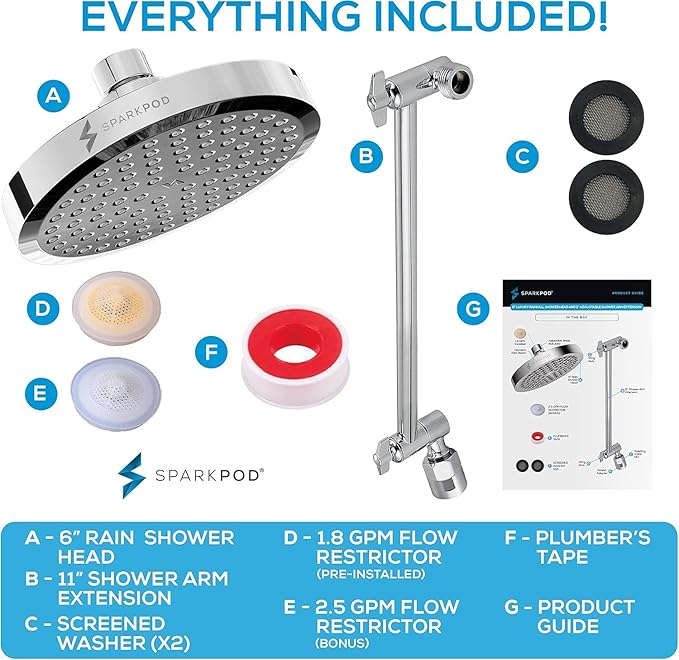 SparkPod Round Rain Shower Head with Extension Arm - Height Adjustable Shower Head with High Pressure Performance - Easy 1-Minute Installation (11" Arm Extension, Luxury Polished Chrome)