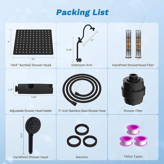 Hibbent Dual Filter All Metal 10"Rainfall Showerhead Combo, High Pressure Filter Shower Head with 10-Spray Mode Handheld, Innovative 4-way Diverter with Pause Mode, 71'' Shower Hose and Holder, Black