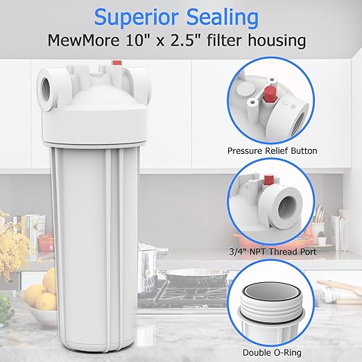 FHW10 Whole House Water Filter Housing, Fit 10"x2.5" Sediment etc Filters for Well and City Water, Pre-Filtration System for Home, 3/4" NPT Port, Pressure Release