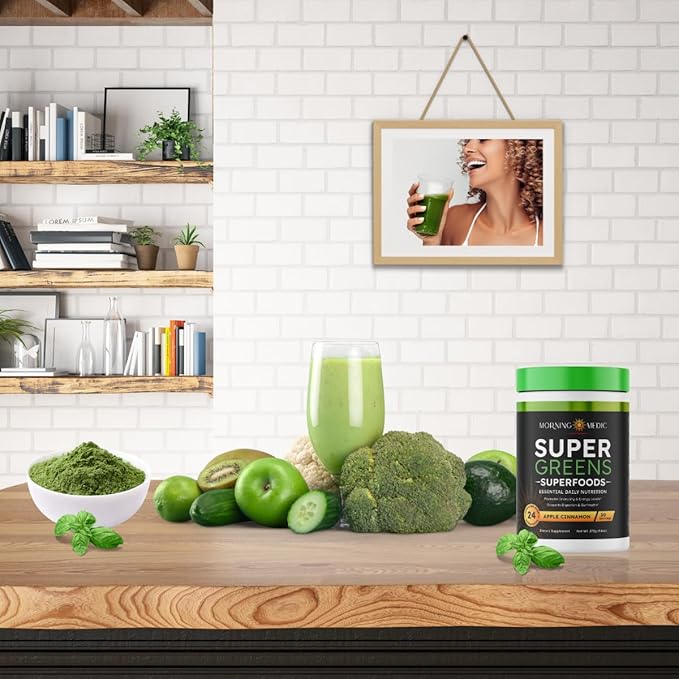 Super Greens Powder with 24+ Superfoods, Premium Nutrient-Dense Blend, Promotes Immunity & Energry Levels, Supports Disgestion & Gut Health, Apple Cinnamon Flavor, 9.6 oz