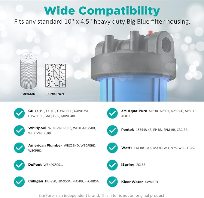 SimPure 10" x 4.5" CTO Carbon Block Water Filter 5 Micron Whole House Water Filter Cartridges (6 Pack)