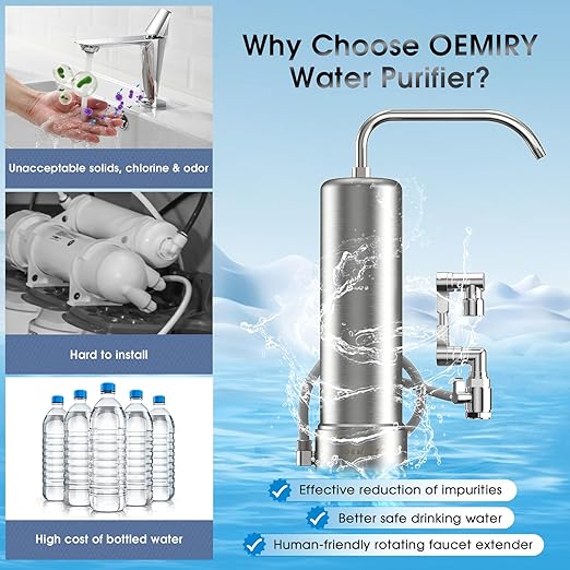 Countertop Water Filter, Stainless Steel 8000 Gallons Rotating Faucet Water Filtration System, Reduces 99.99% Chlorine, Lead, Heavy Metals, Bad Odor, OM-CF05 Included 1 Filter