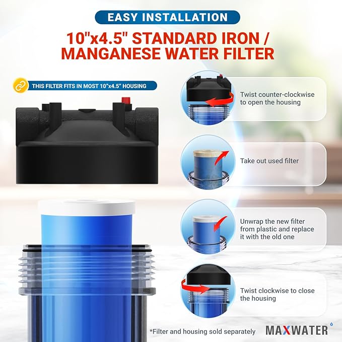 Max Water Whole House Iron and Manganese Reducing Replacement Water Filter Cartridge for Whole House Systems - 10" x 4.5" Iron Removal Filter for Well Water