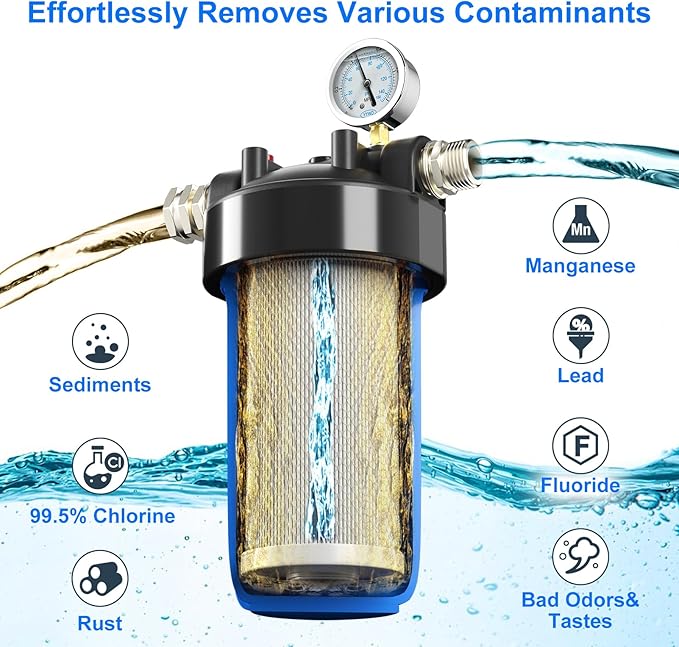 6-Layer RV Water Filter with Stand and Pressure Gauge, 3/4" GHT Metal Threads Inline Water Filter, Removes Sediments, Chlorine, VOCs, Heavy Metals, Bad Taste, Odor, and More