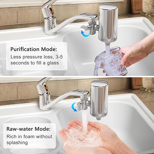 Faucet Water Filter, 1200-Gallons Water Faucet Filtration System, 304 Stainless Steel Tap Water Filter with with Dual 360-degree Swivels, Remove Chlorine, Lead, Odors, Bad Tastes and More