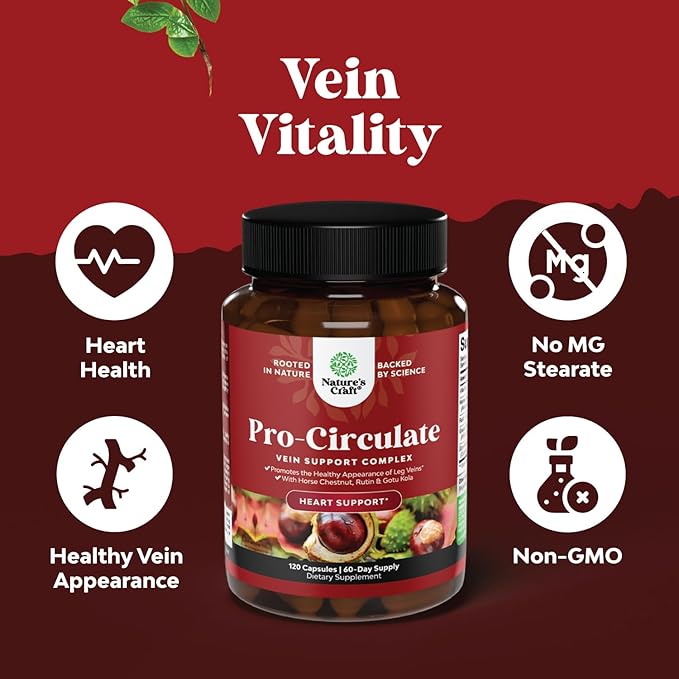 Vein Support Supplements Leg and Veins - Full Body Circulation Supplement for Spider & Varicose Veins and Improved Flow with Horse Chestnut Extract & Flavonoids - Vegan Non-GMO Mini Caps (2 Month)