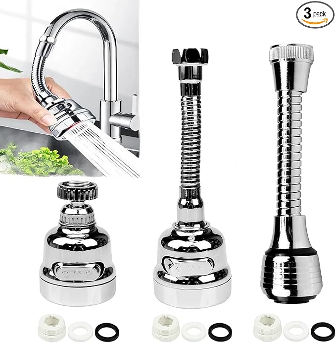 3 Pieces Kitchen Tap Head Fucet Aerator, 360 Degree Rotatable 3 Mode Adjustable Faucet Extender Kitchen Faucet Head Replacement for Bathroom Kitchen