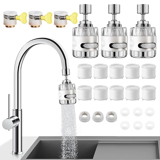 3 Pack Sink Filter Water Faucet with 3 Spray Modes, 360° Rotating Water Purifier Reduces Chlorine & Impurities for Home Kitchen Bathroom Sink, Easy Install - 10 Filter Elements