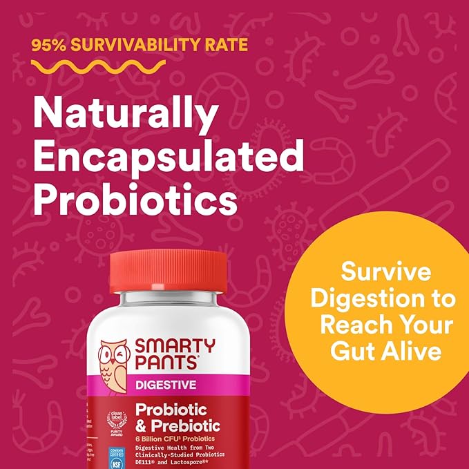 SmartyPants Adult Probiotic & Prebiotic Gummies for Digestive Health: 6 Billion CFU Gut Health Supplement, Clinically Studied Prebiotic for Immune Support, Grape, 60 Count (30 Day Supply)