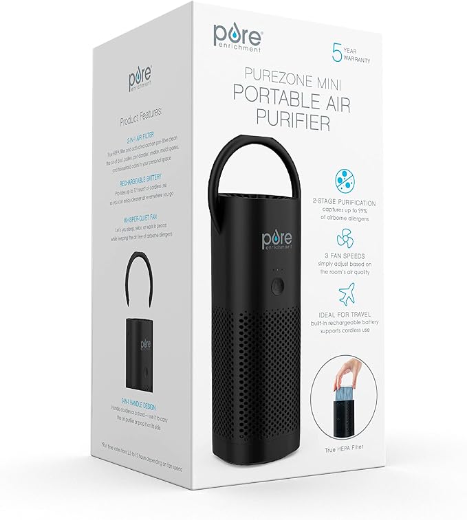 Pure Enrichment PureZone Mini Portable Air Purifier - Cordless True HEPA Filter Cleans Air & Eliminates 99.97% of Dust, Odors, & Allergens Close to You - Cars, School, & Office (Black)