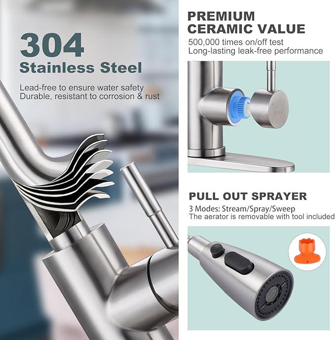 Kitchen Faucet and Water Filter Faucet Combo, WOWOW Stainless Steel Kitchen Sink Faucet with Drinking Water Faucet for Reverse Osmosis or Water Filtration System, Brushed Nickel