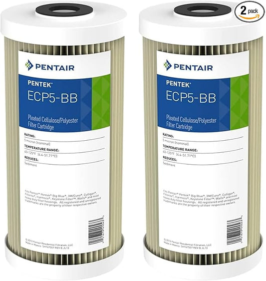 Pentair Pentek ECP5-BB Big Blue Sediment Water Filter, 10-Inch, Whole House Heavy Duty Pleated Cellulose Polyester Replacement Cartridge, 10" x 4.5", White End-Cap, 5 Micron, Pack of 2