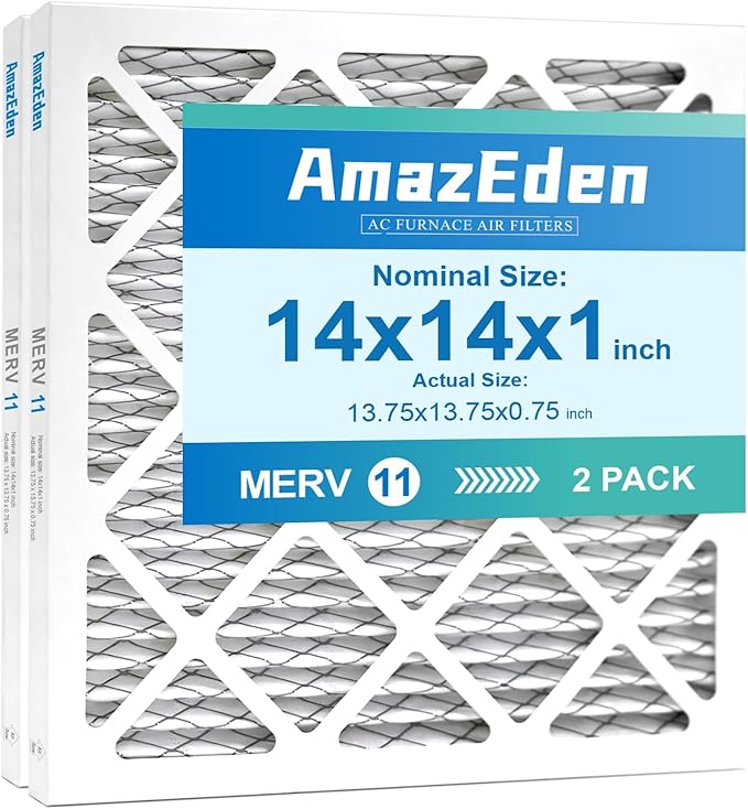 14x14x1 Air Filter MERV 11 (2-Pack) MPR 1000 FPR 7 HVAC AC Furnace Filters Pleated Dust Defense Replacement for Home (Actual Size: 13.75x13.75x0.75 Inches)