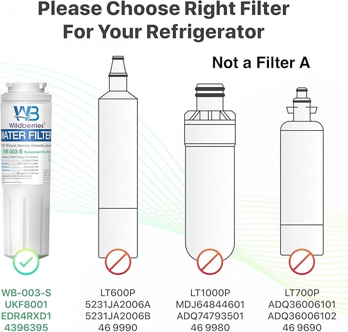 Wildberries UKF8001 Refrigerator Water Filter 4 Replacement for Whirlpool®, EveryDrop® EDR4RXD1, WHR4RXD1, 4396395, WRF535SWHZ00 to WRF535SWHZ10, WRF555SDFZ00 to WRF555SDFZ15, FMM-2, 46-9006, 1-PACK